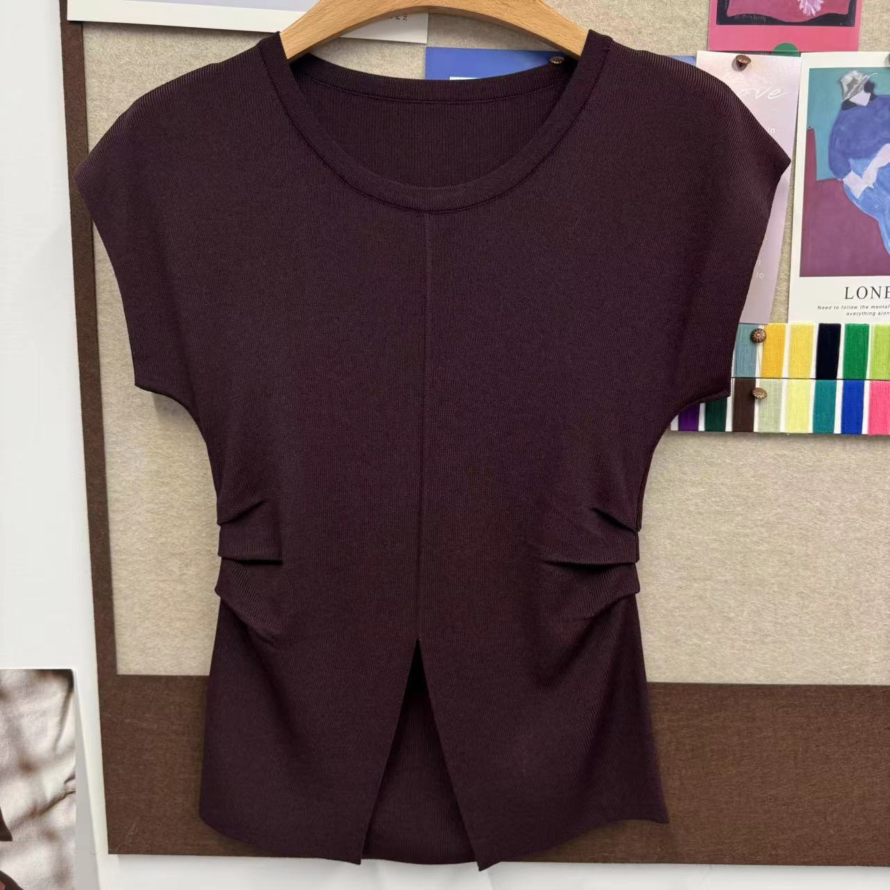 深圳南油白桃美美 圆领简约新款T恤褶皱休闲纯色针织上衣A2693