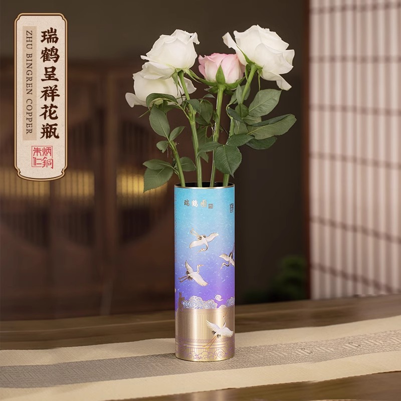 朱炳仁【瑞鹤呈祥花瓶】家居空间摆件装饰手工彩绘黄铜花瓶茶配茶道