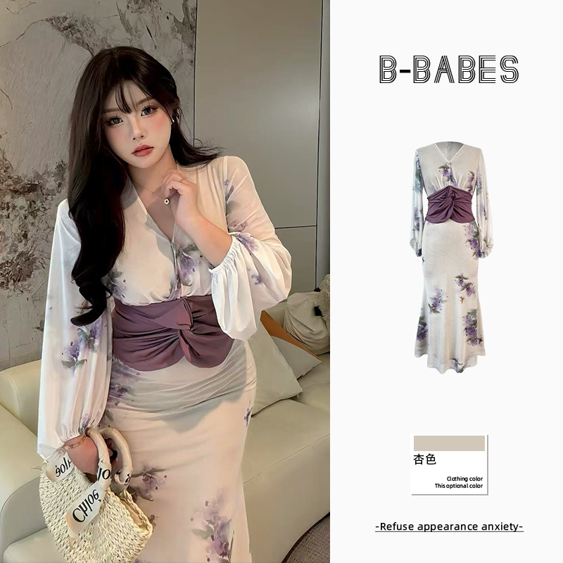 B-babes【白玉兰】温柔风设计碎花长袖连衣裙微胖大码修身显瘦裙子