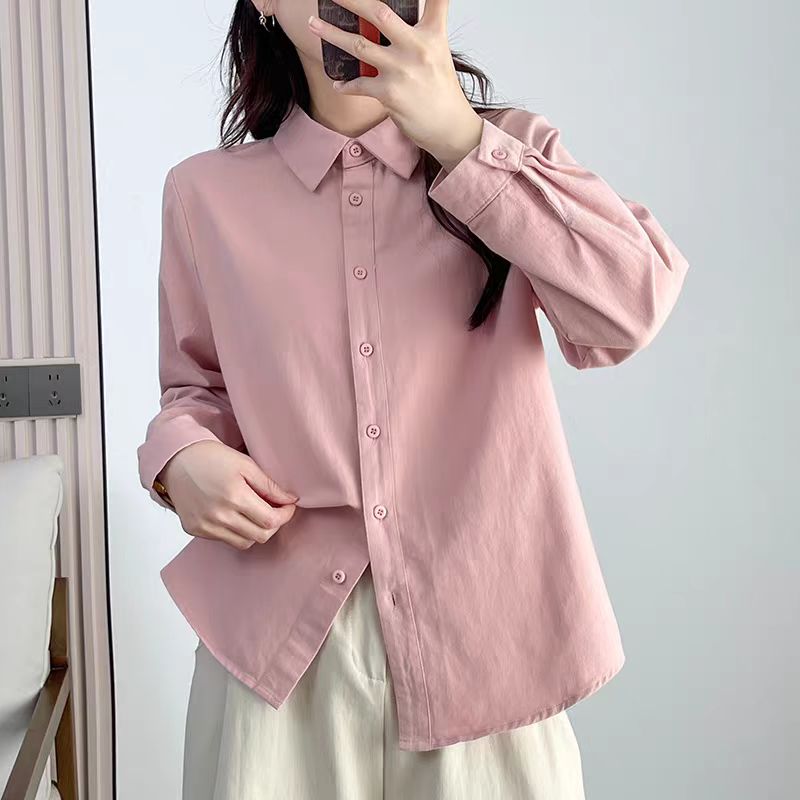 8828优质磨毛纯色纯棉翻领长袖衬衫女宽松显瘦内搭开衫
