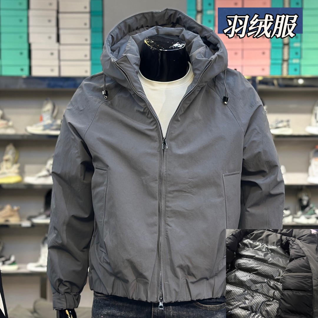 微落肩新款白鸭绒羽绒服男士修身外套连帽保暖潮牌短款纯灰色夹克