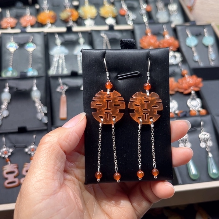 蛇纹石玉耳饰银S925镶嵌