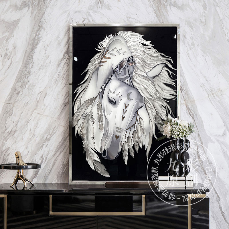 珐琅彩挂画轻奢玄关走廊装饰画灵驹逸影白马现代掐丝艺术画装饰画