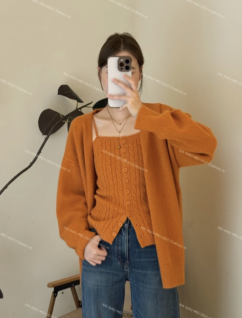 XIAOMEI ｜秋季韩系麻花背心+V领慵懒外套两件套上衣-5320