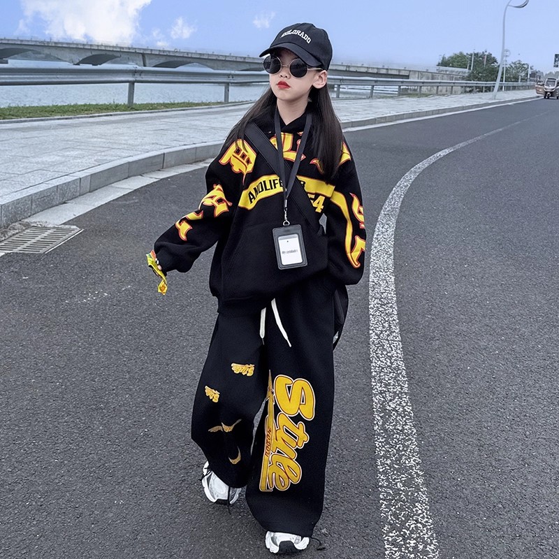 女童休闲2025秋冬新品时尚韩版宽松加绒连帽卫衣阔腿休闲裤套装潮