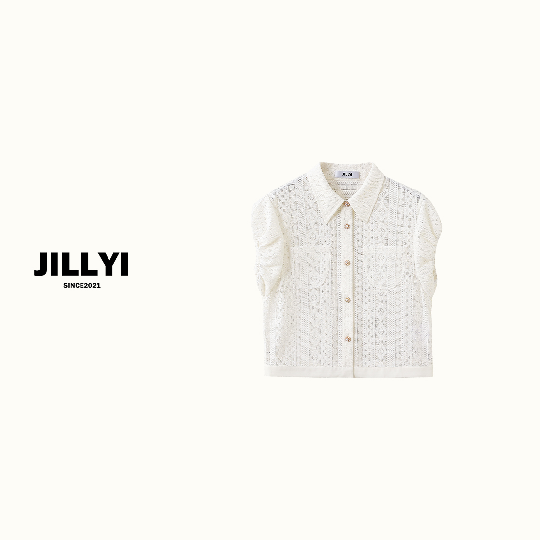 jillyi【蕾丝日记】白色半开领时尚百搭衬衫夏季纯色韩版