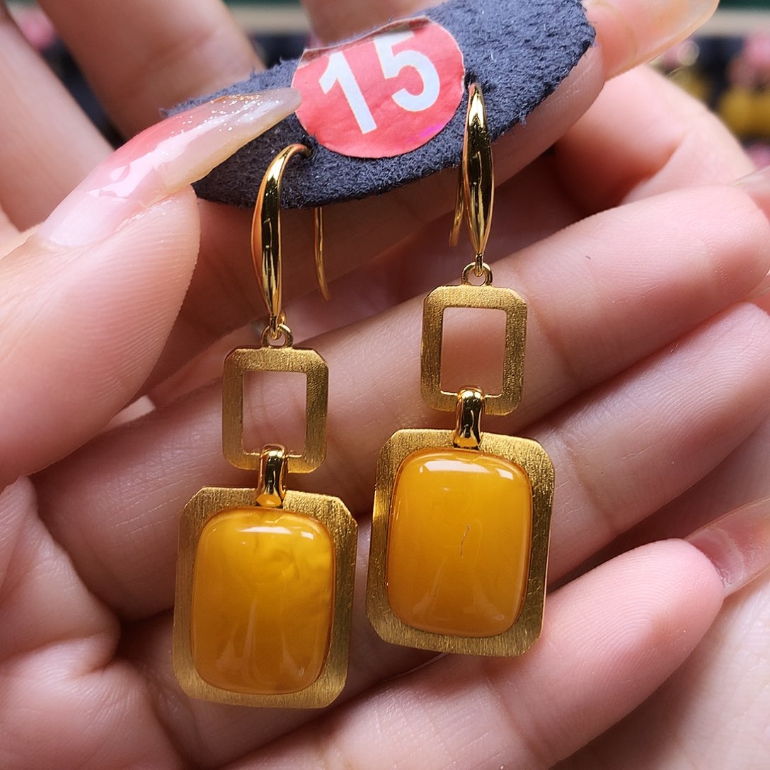 蜜蜡耳饰银S925镶嵌耳坠