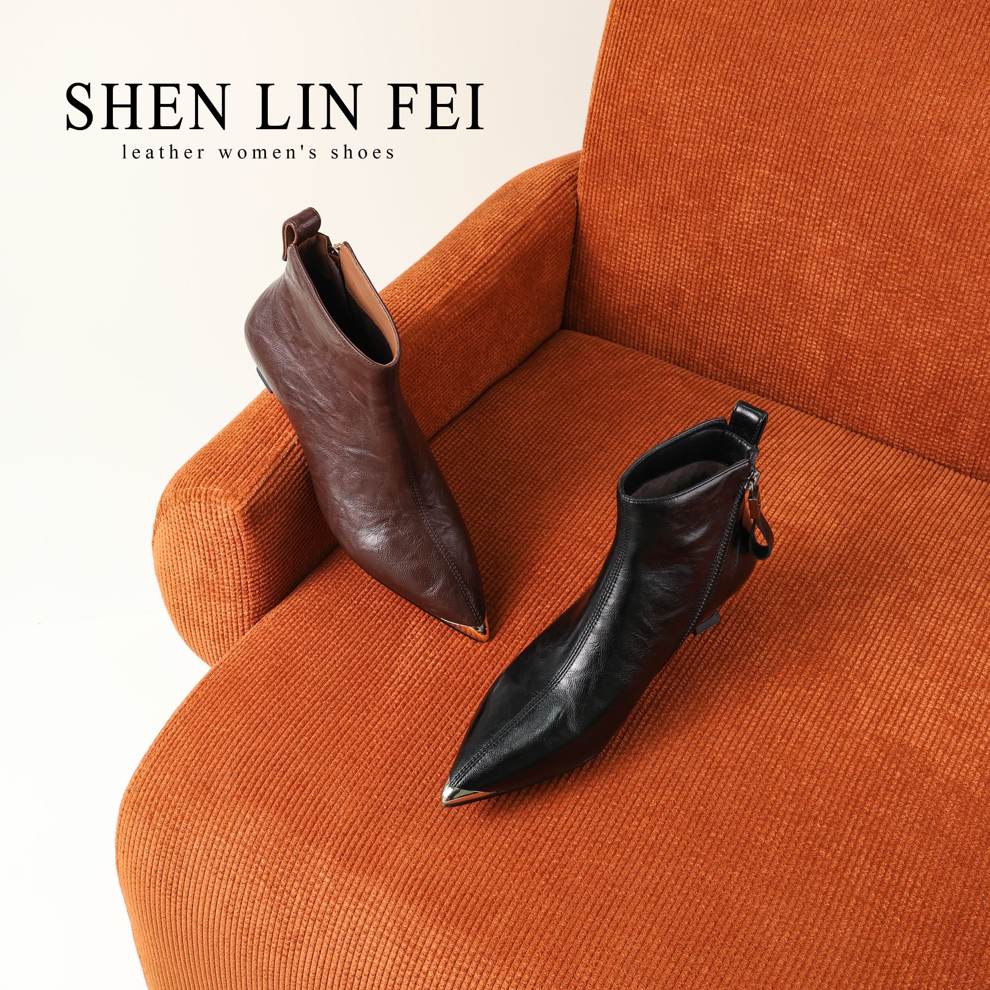 圣琳妃/牛皮/3CM法式复古尖头高跟短靴女秋冬新款时装靴D20871