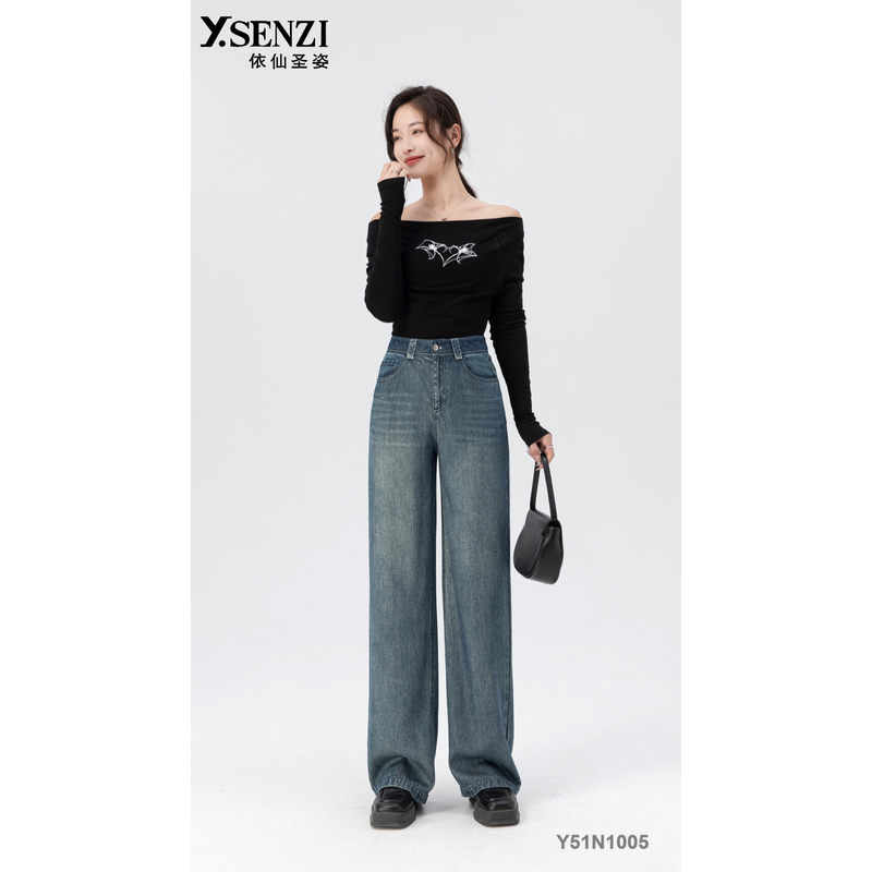 依仙圣姿Y51N1005牛仔女裤2025秋季显高显瘦弹力时尚正品长款筒裤
