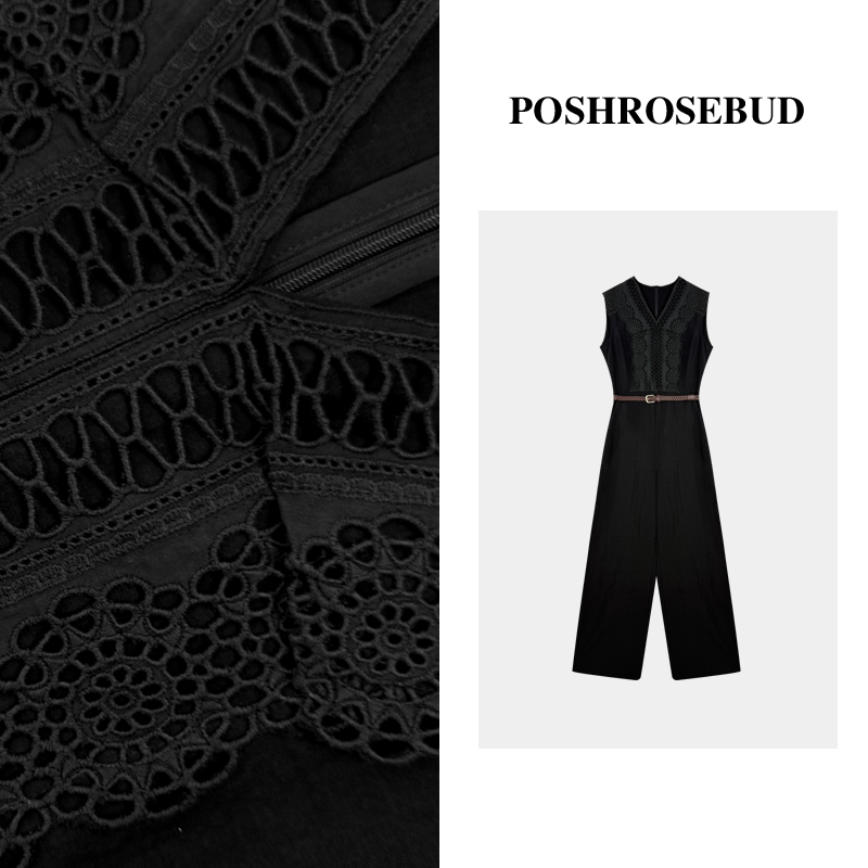 POSHROSEBUD设计师V领无袖镂空钩花阔腿垂感气质显瘦连体裤-T5096