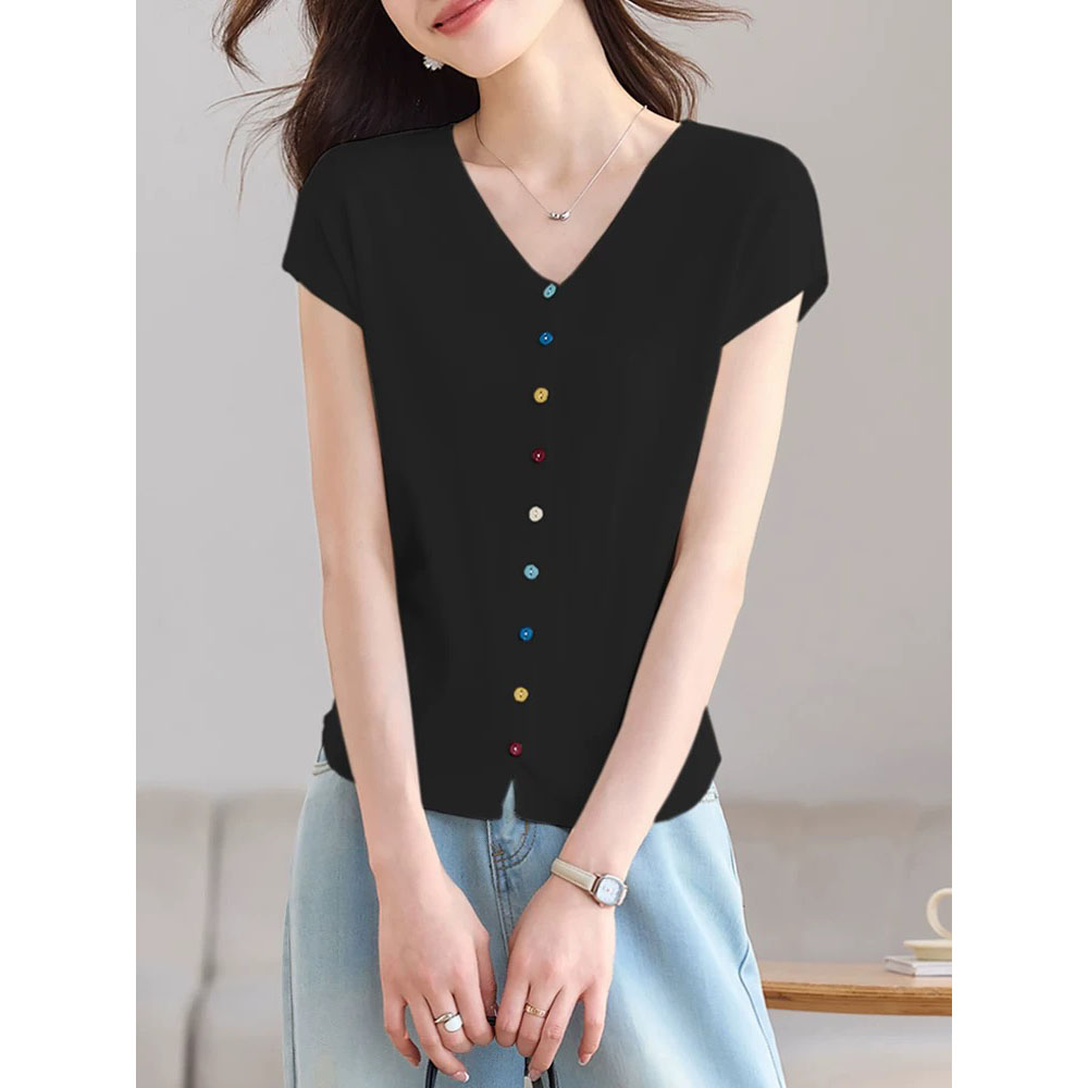 9013# 2025 多巴胺彩扣V领上衣小衫