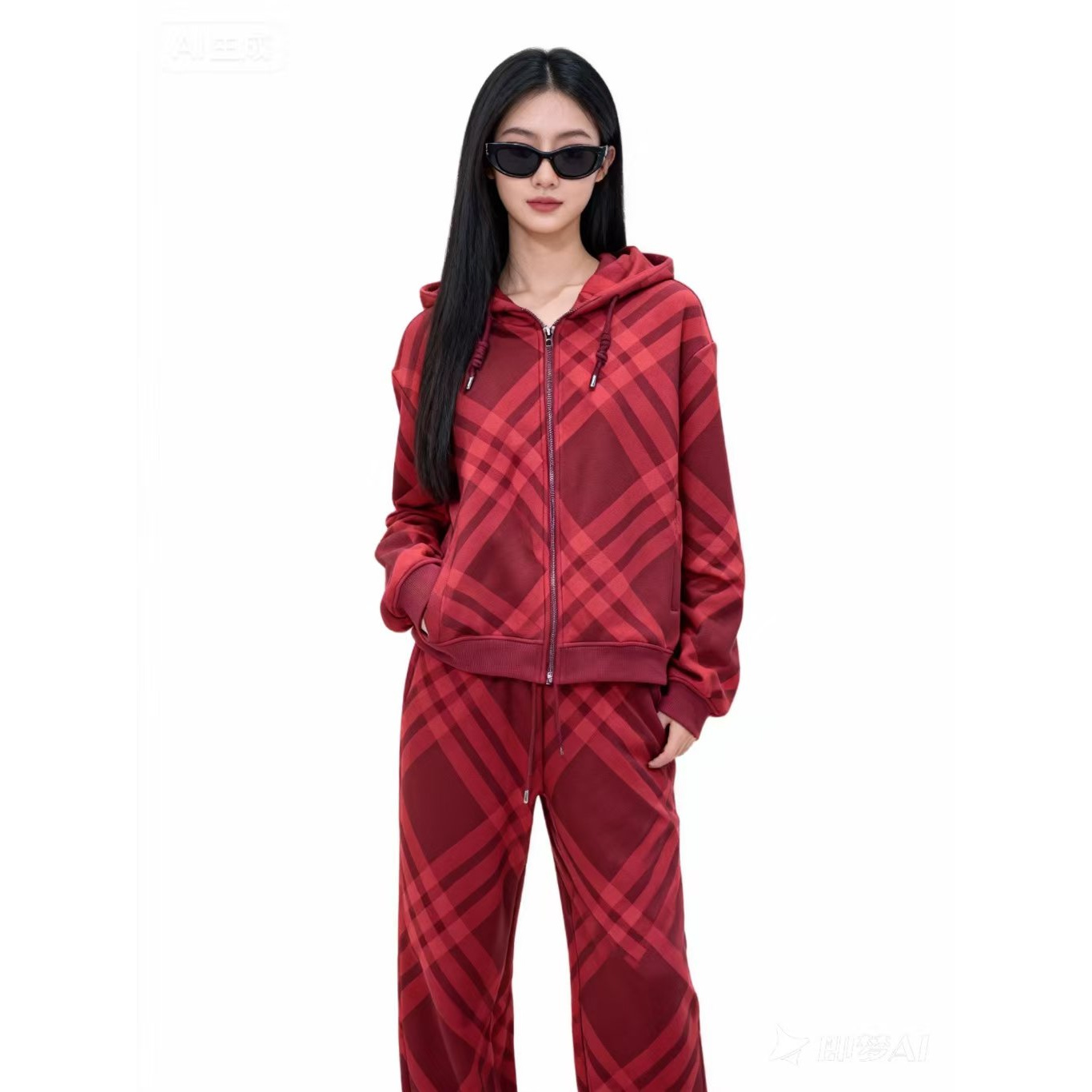 休闲格纹格子连帽开衫红色长袖外套-9596-A333