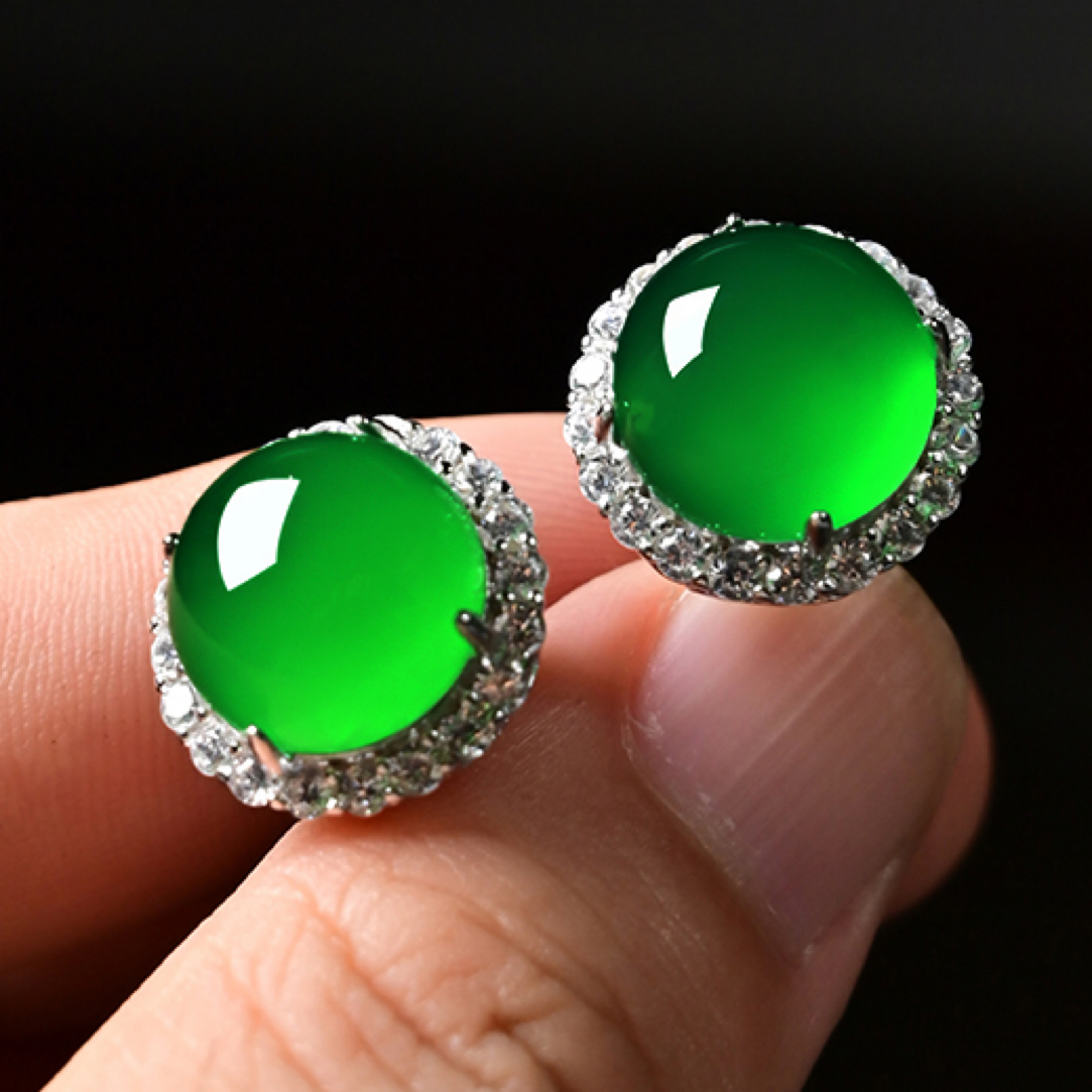 925银豪镶天然玉髓满绿圆型耳钉帝王绿耳钉冰种耳钉生日礼物