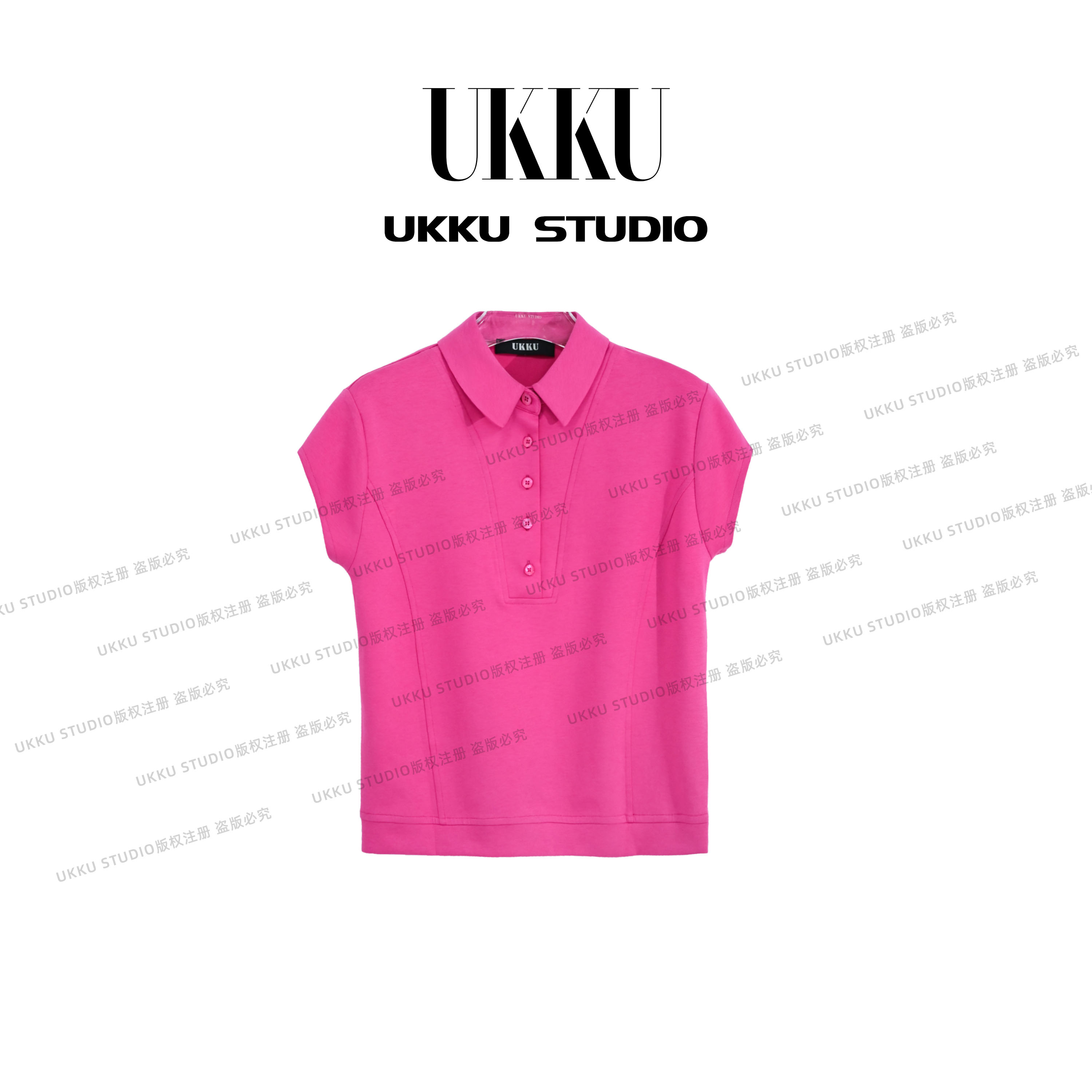 LILI【UKKUSKUDIO】小众简约纯色百搭设计感排扣短袖显瘦上衣514286