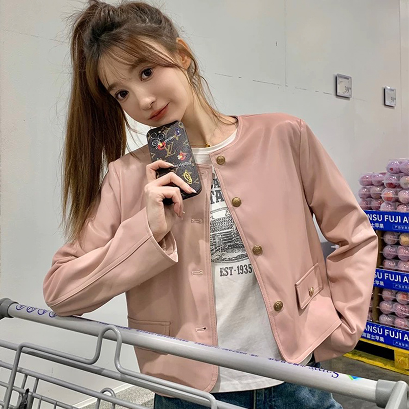 标准短款韩版秋季气质小个子复古港风女装网红宽松型皮衣纽扣