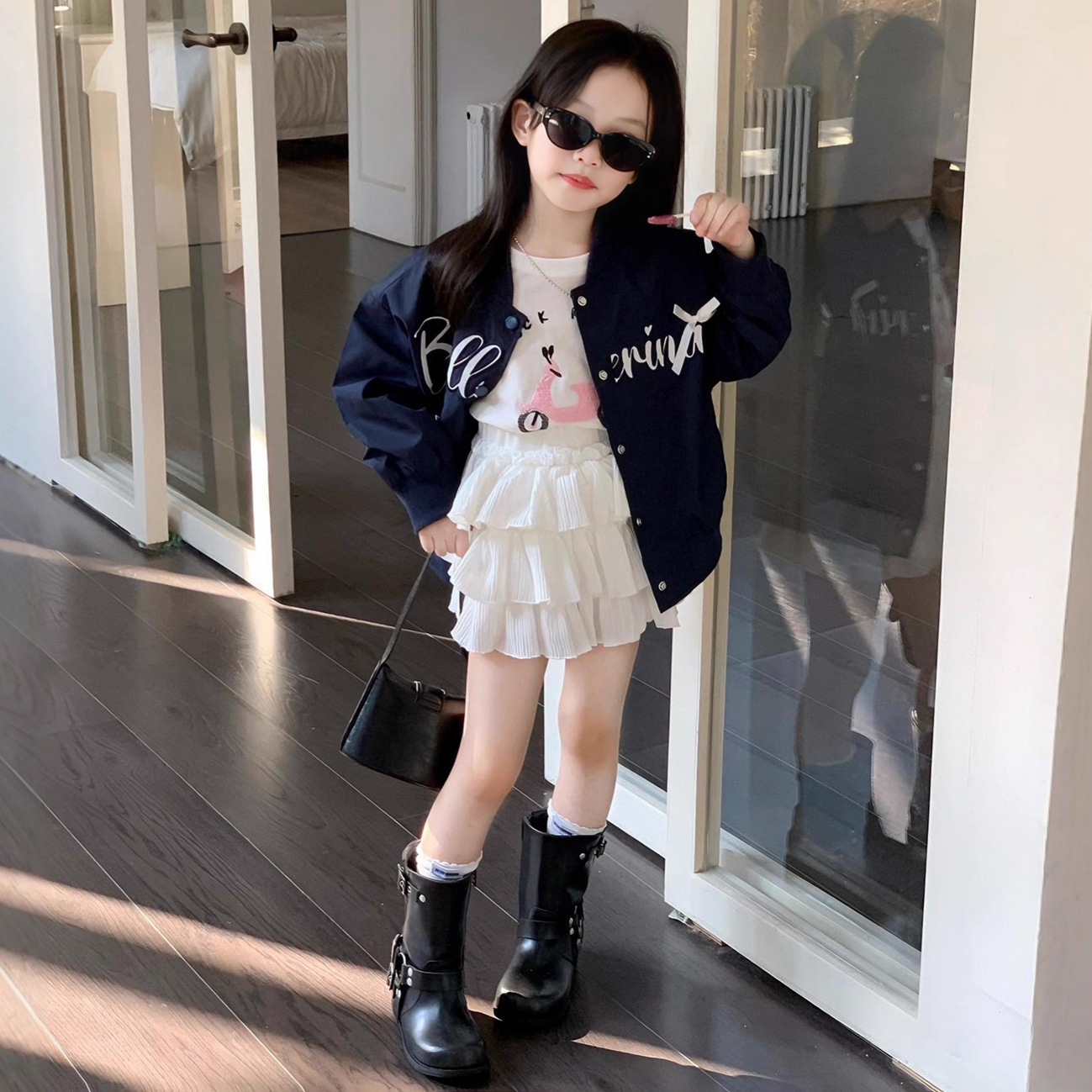 大橙子Studio女童刺绣蝴蝶结外套2025秋季新款韩版儿童棒球服套装