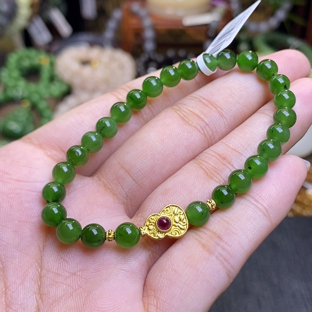 和田玉未镶嵌碧玉辣绿串清货价6mm