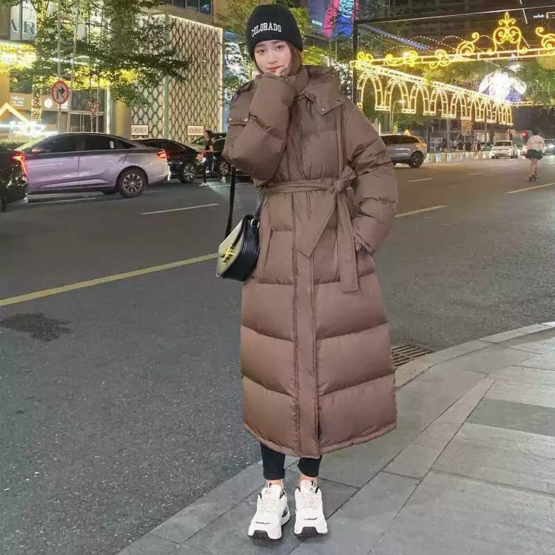 格调美美726加厚收腰系带长款羽绒服