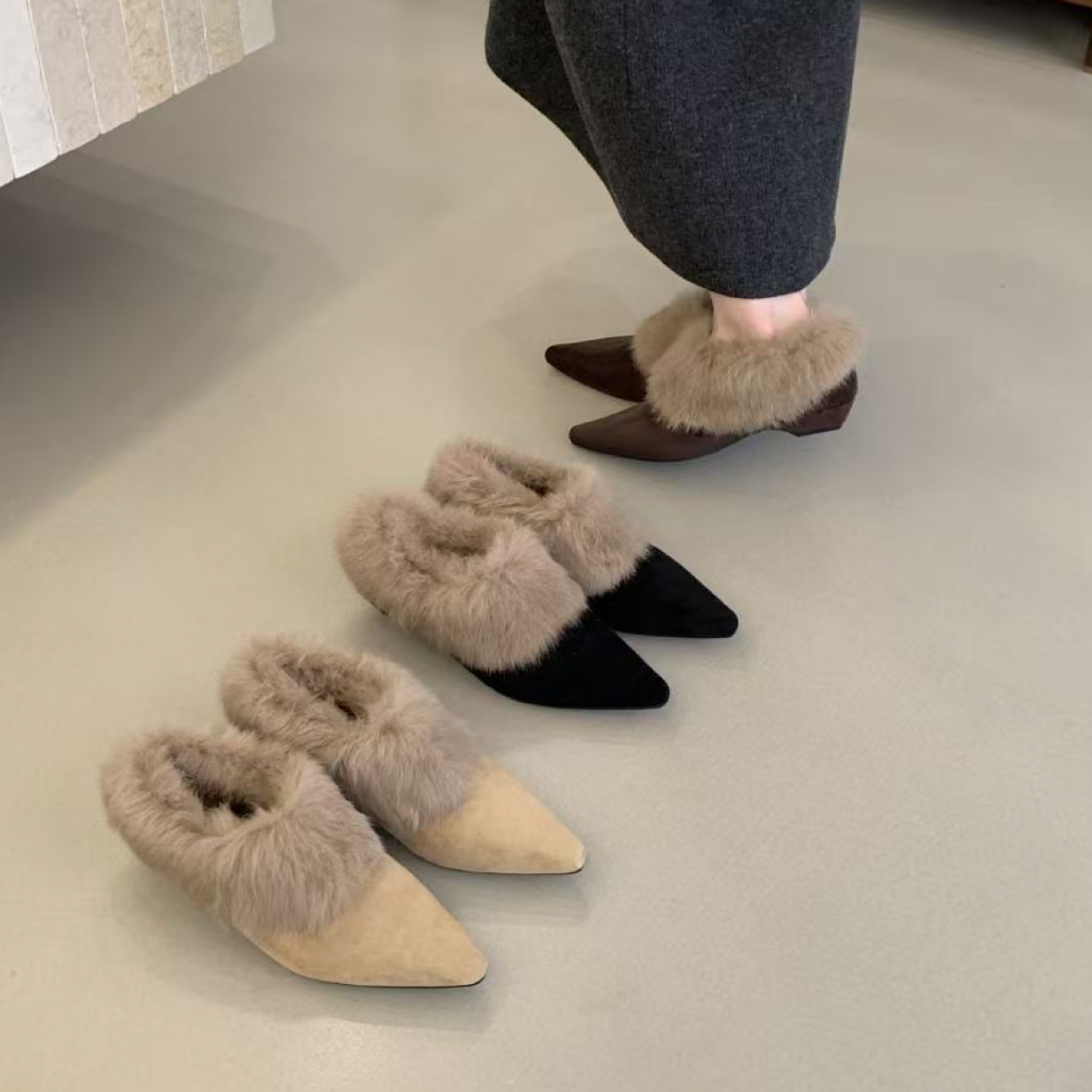 团团家 3766 韩系兔毛尖头毛毛鞋女加绒棉鞋2025新款毛绒单鞋
