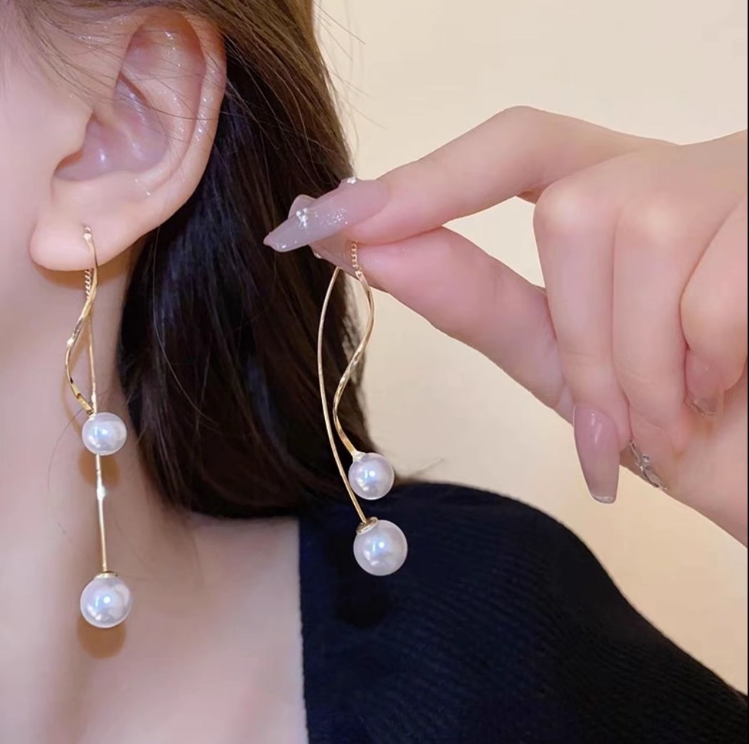  YUXAN- S1012长款珠珠波浪耳线小众设计感轻奢高级耳饰