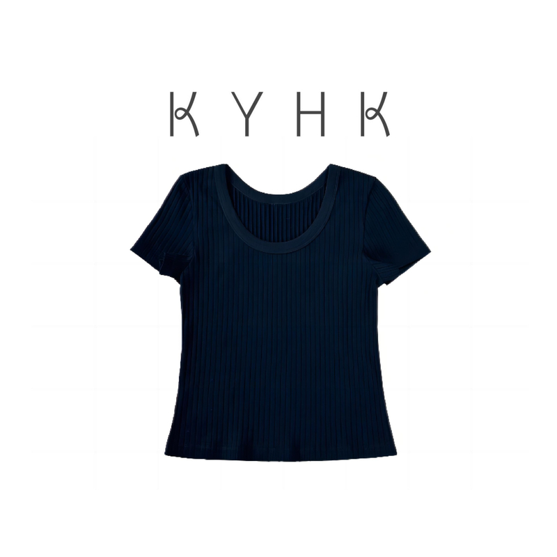 KYHK复古弹力修身舒适休闲螺纹正肩圆领短袖T恤230342