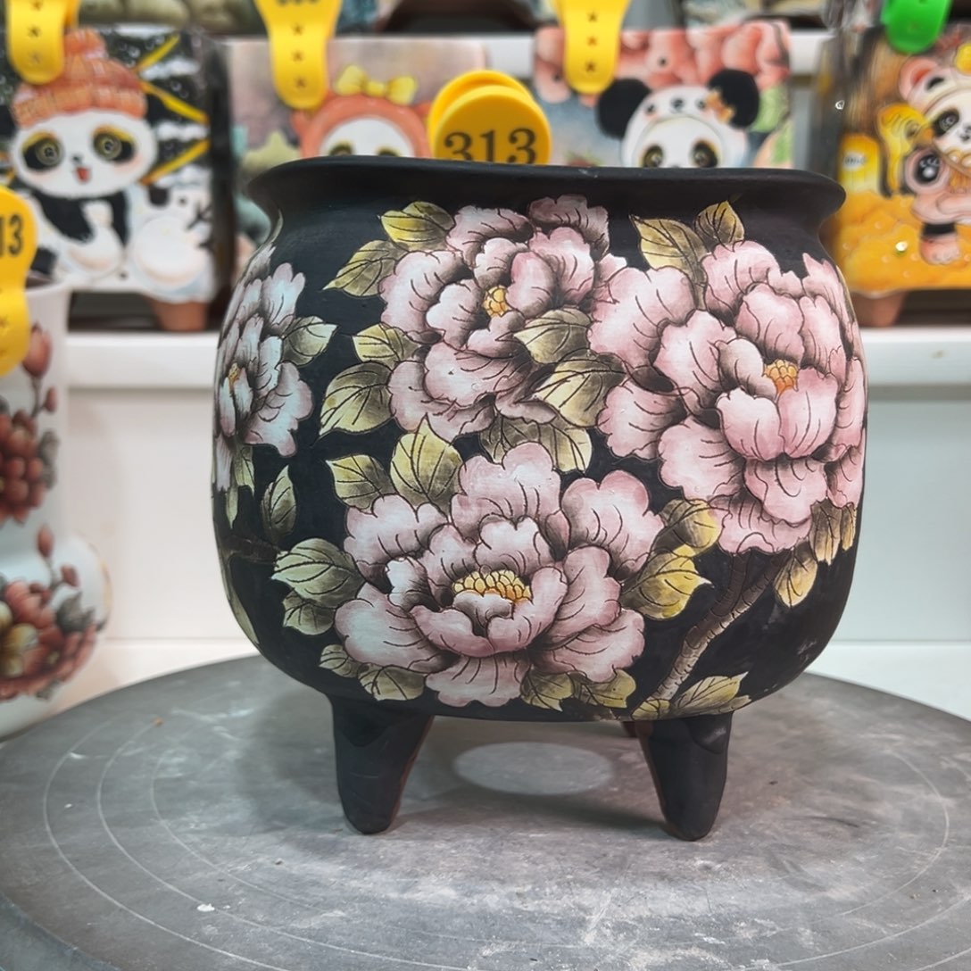 紫砂花盆手绘花盆313瑕疵