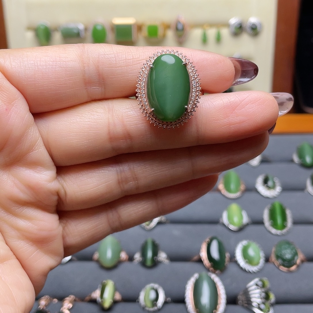 和田玉（碧玉）银S925镶嵌吊坠(不含链)戒指