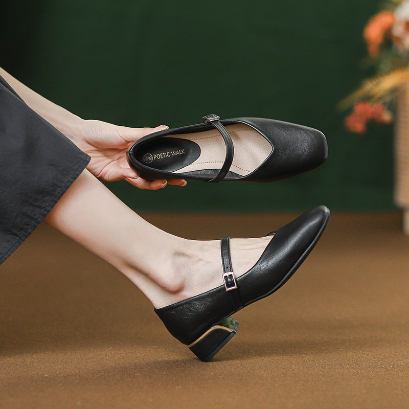 瘦长脚 大码玛丽珍鞋41到43黑色V口小皮鞋春季单鞋女44 45女鞋