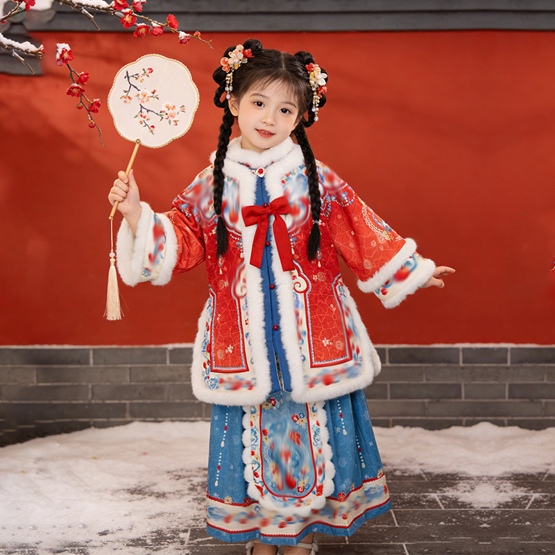 儿童汉服2025新款冬季中国风红色拜年服超仙元旦女童加厚冬装唐装
