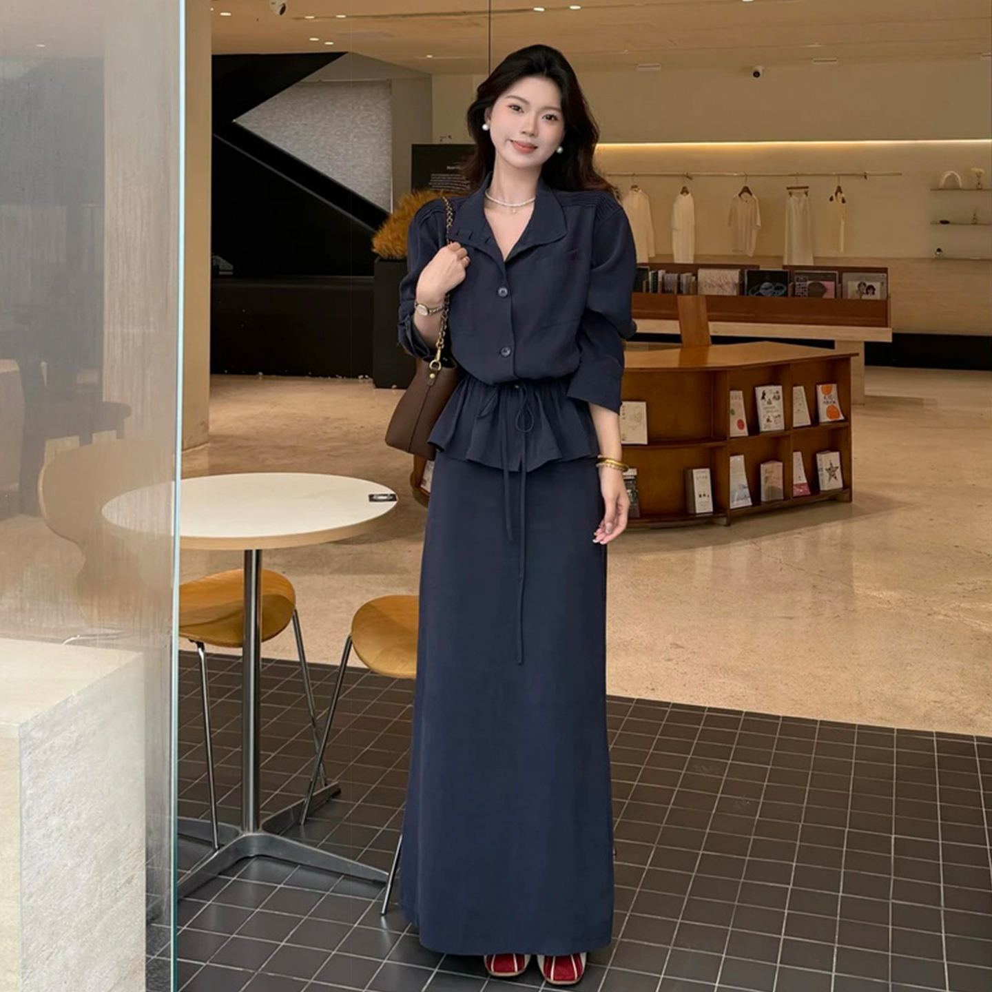 【现货+运补】老钱风长袖抽绳收腰衬衫套装A字半身长裙两件套7025