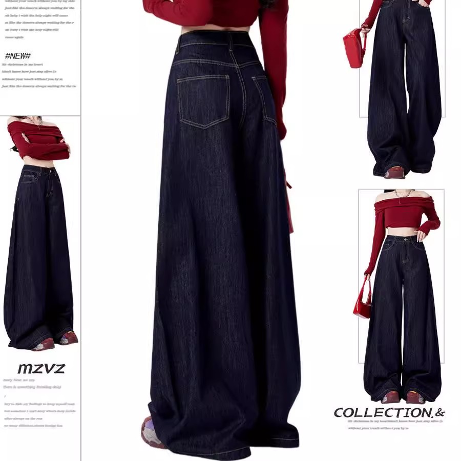新款美式阔腿牛仔裤女夏季高腰宽松显瘦垂感直筒拖地裤