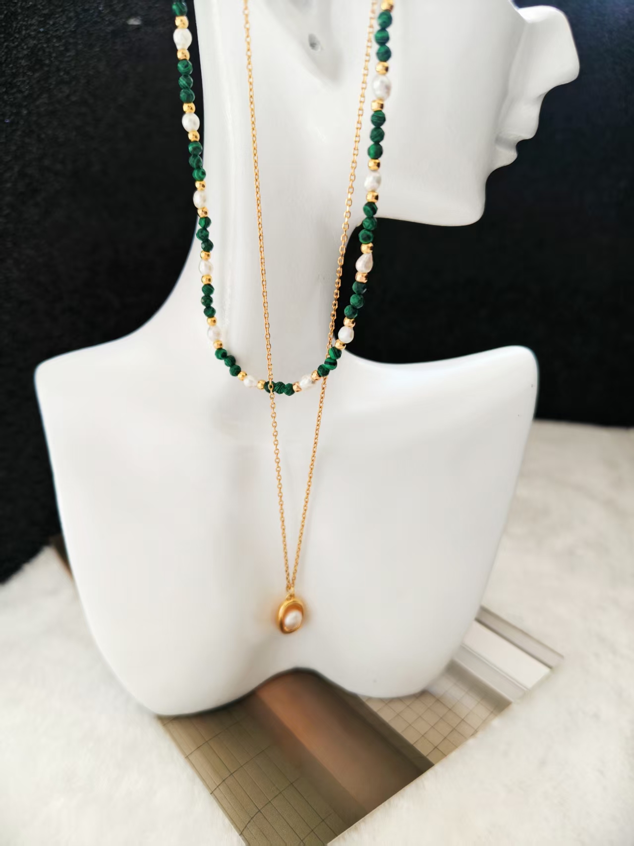 铜合金项链 铜镀18K金天然淡水珠双侧叠链 小众颈链