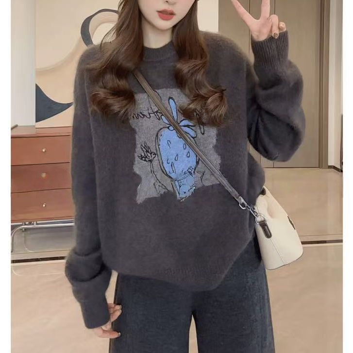 时尚宽松设计感小众超好看套头软糯草莓字母针织毛衣女