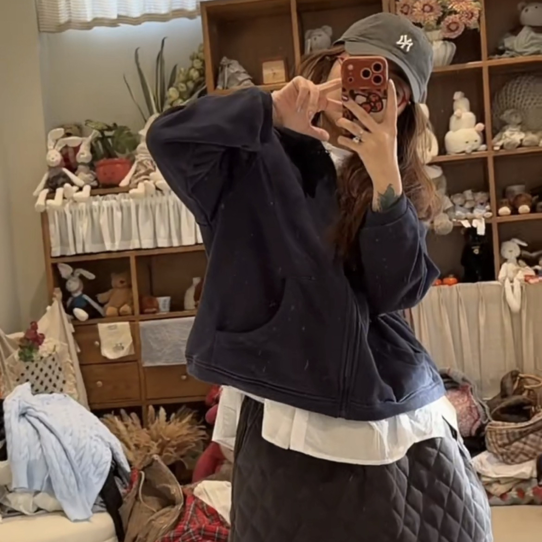 夏小朵 纯色连帽卫衣外套 简约纯色百搭休闲小众设计外套