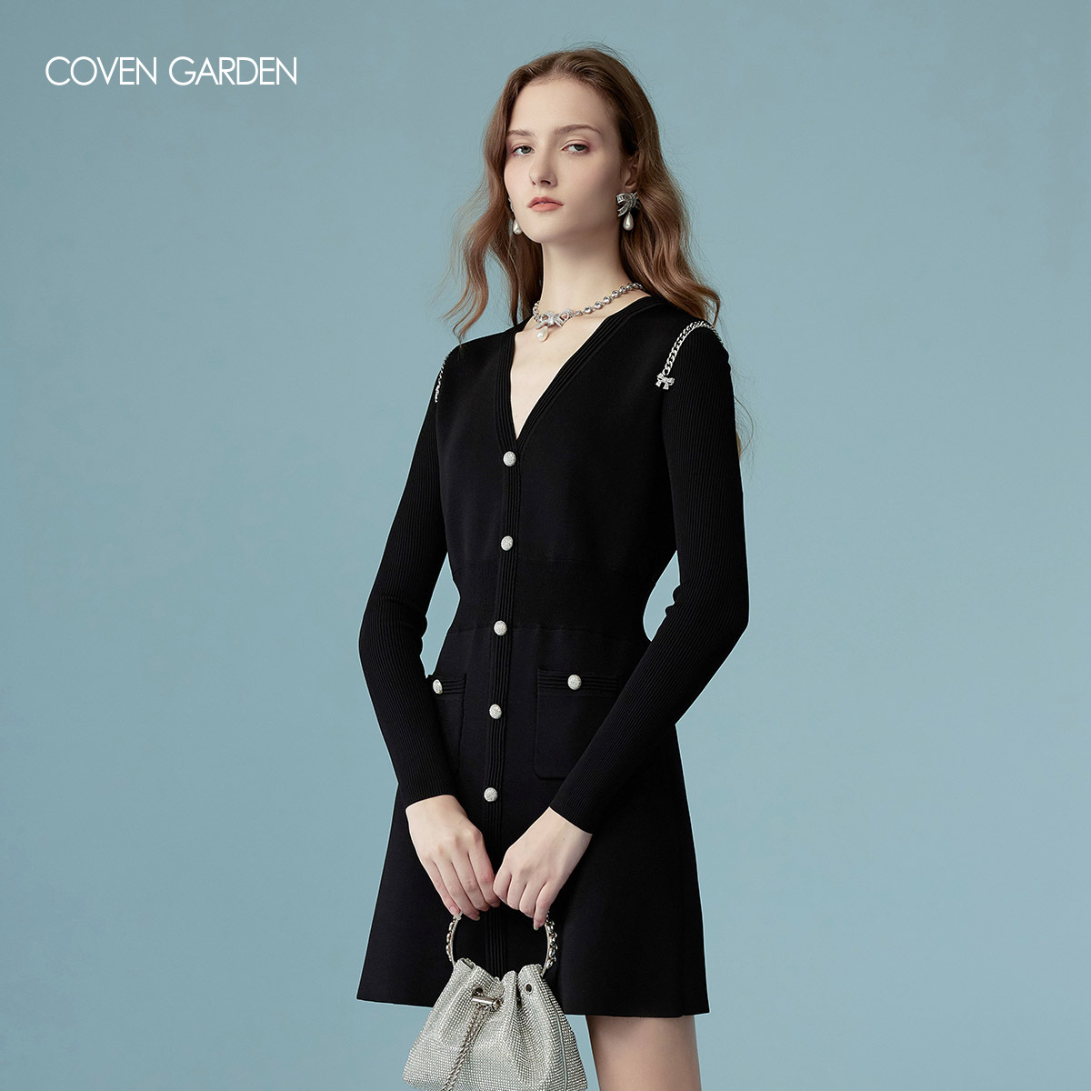 【贤哥专属】哥文花园端庄修身收腰黑色连衣裙弹性CLC1031498