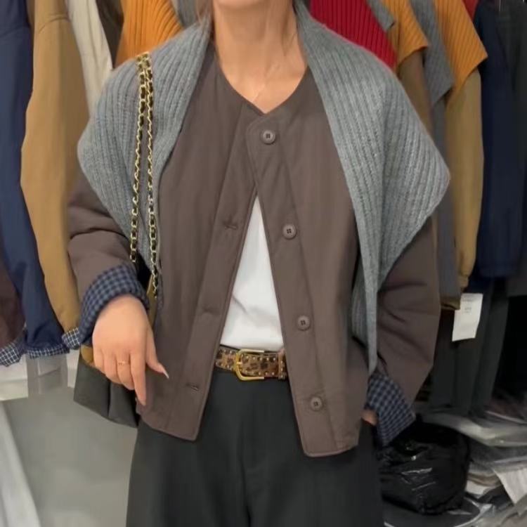 2531秋冬新款圆领拼接棉服外套女宽松显瘦时尚百搭（长60）