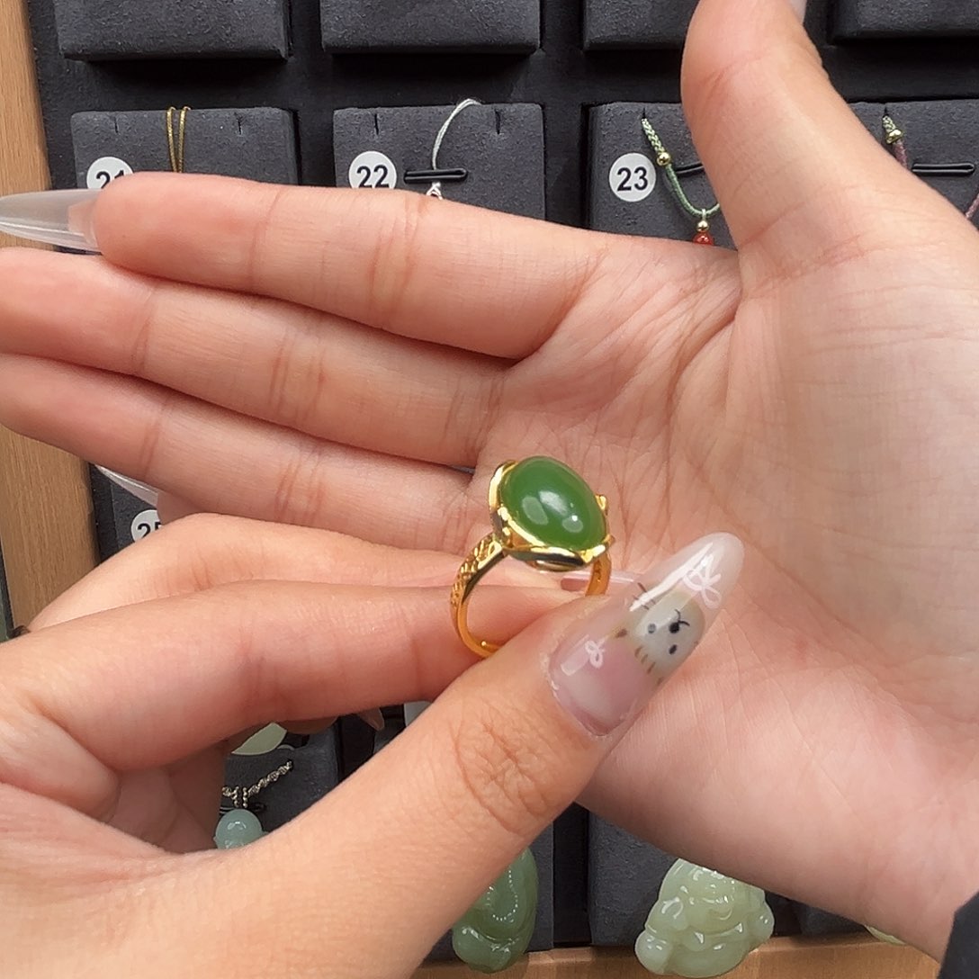 和田玉（碧玉）戒指银S925镀金镶嵌