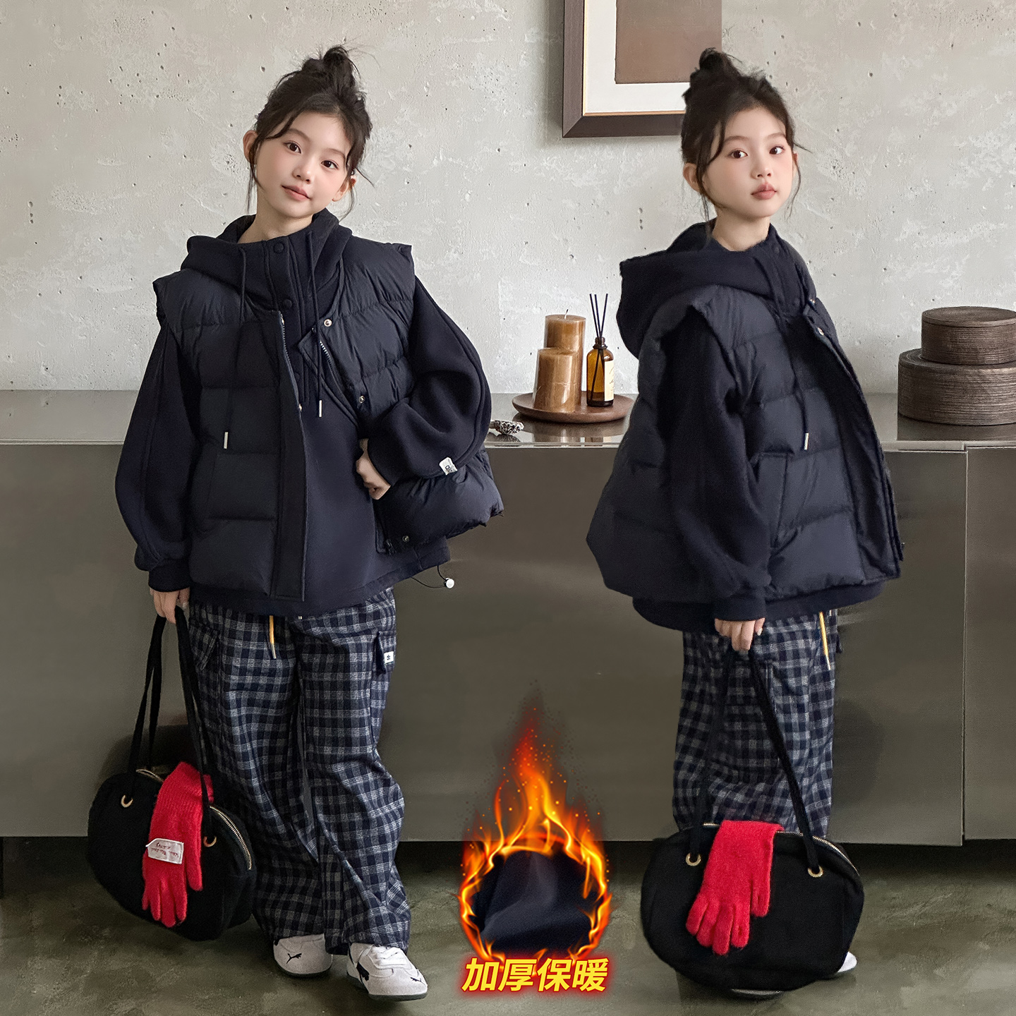 女童韩版冬季加厚套装时尚中大童加绒连帽卫衣棉马甲格子裤三件套