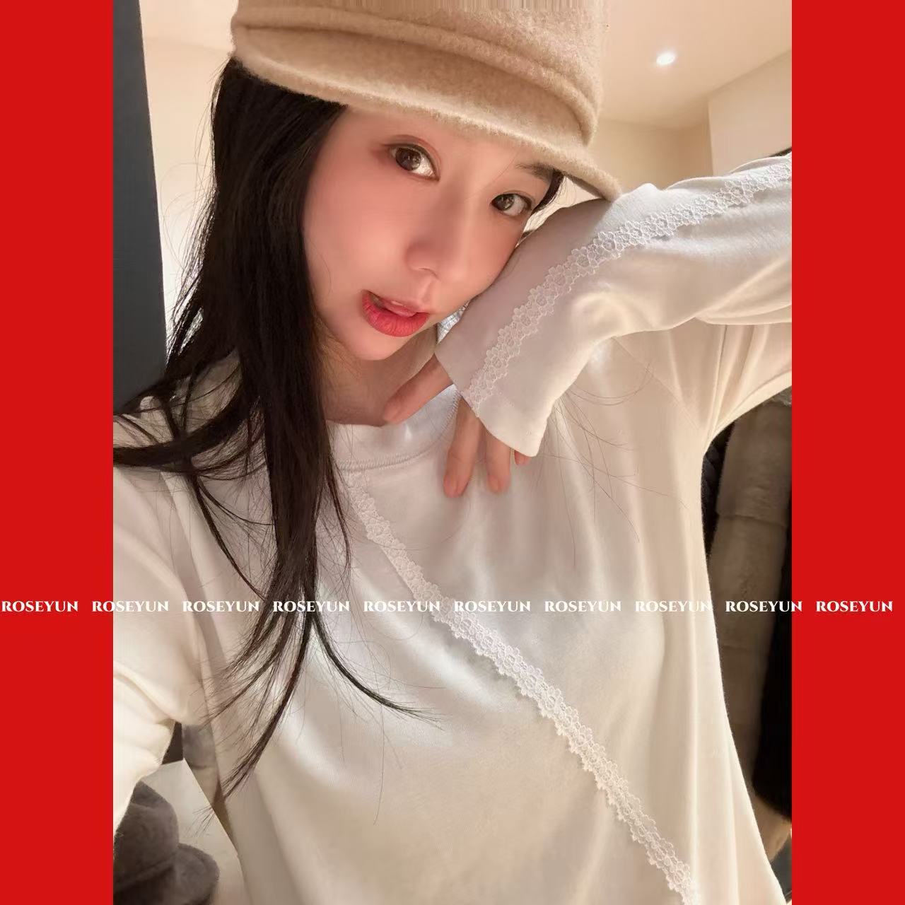 【Rose Yun】兰精天丝羊毛不规则花边分割长袖T恤  JY125083