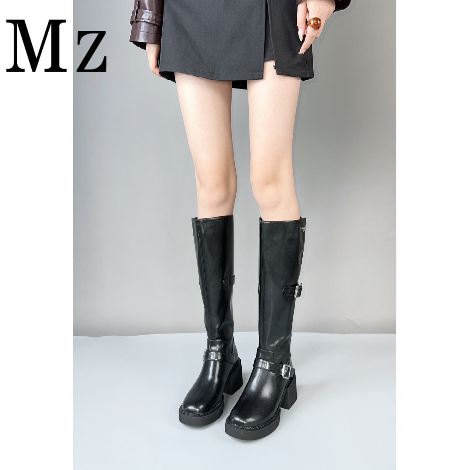 Mr.Zheng/6.5cm/真皮长靴皮带扣骑士靴粗跟高跟秋冬高筒女靴子