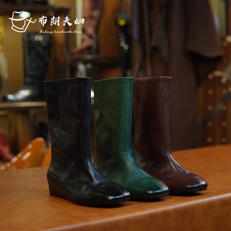 布朗手工短靴女低跟牛皮时装靴内增高中筒靴时尚宽筒马靴方头女鞋