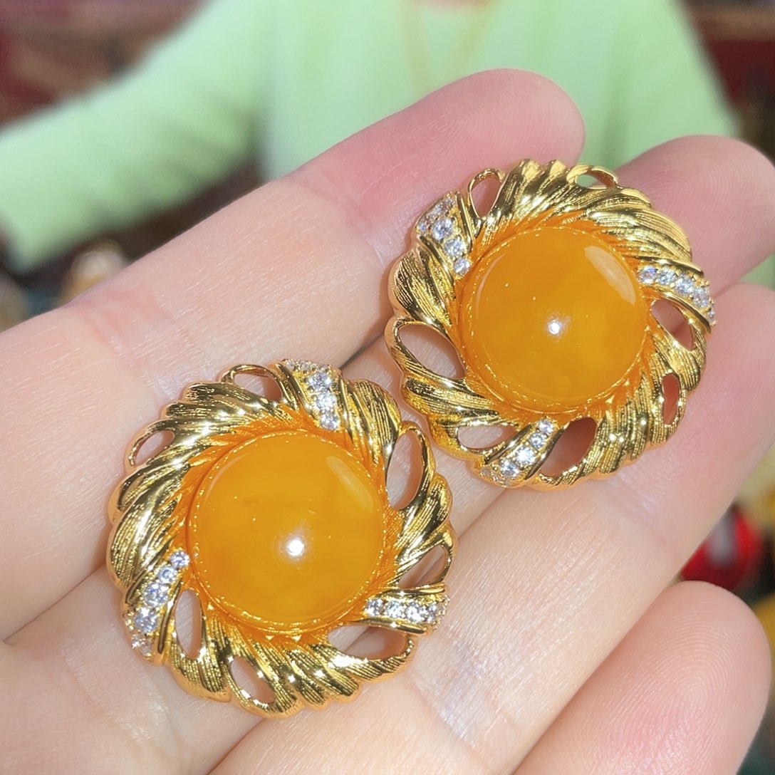 蜜蜡耳钉银S925镀金镶嵌