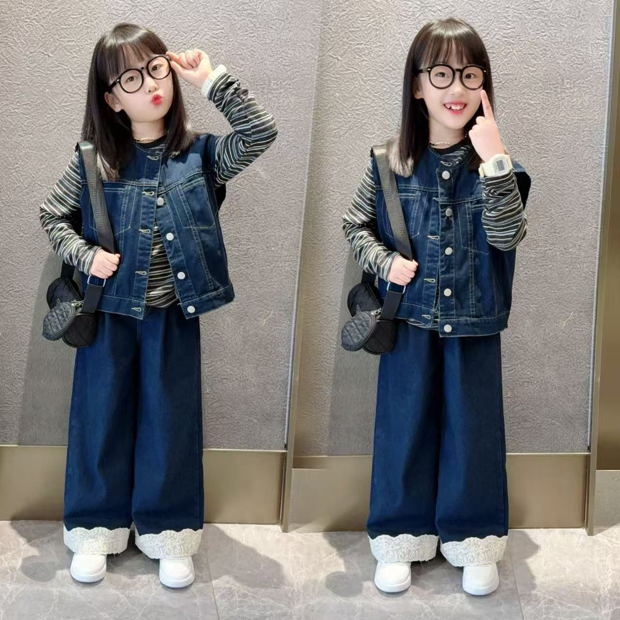女童牛仔马甲套装2025新款韩版儿童洋气条纹打底花边阔腿裤三件套