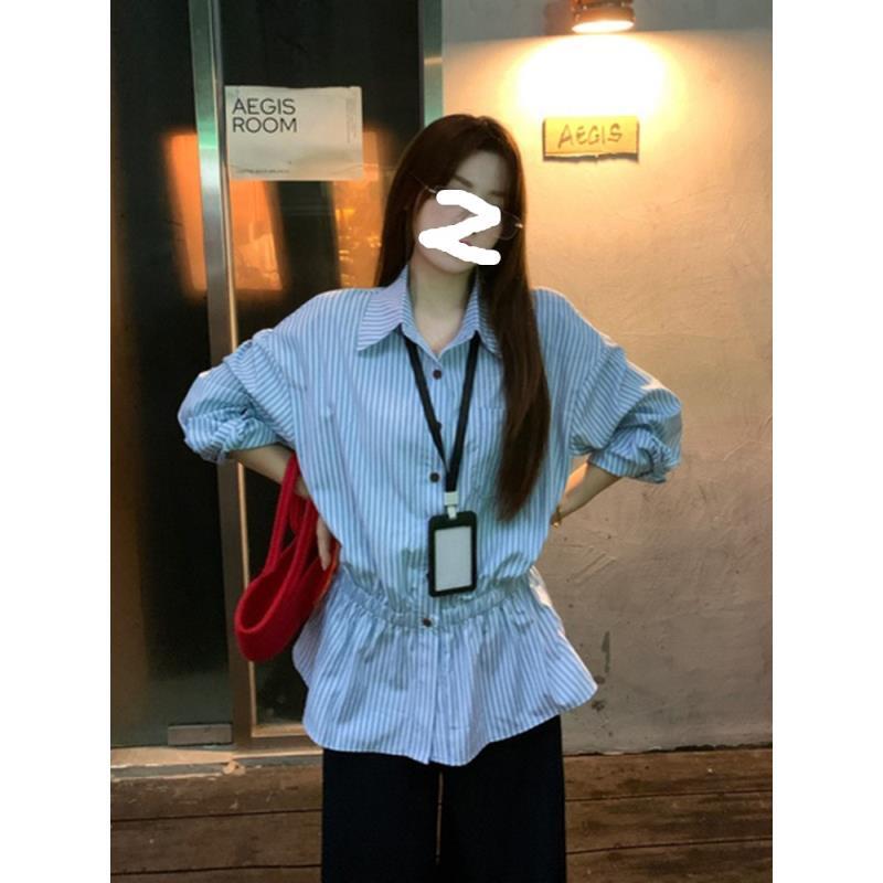 【全额运补】2025早秋条纹宽松版型收腰松紧腰衬衫女8009#