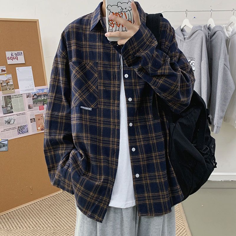 格子长袖衬衫男春秋宽松韩版潮学生休闲港风复古外穿帅气衬衣外套