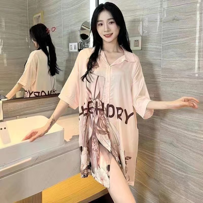 韩版新款女夏季薄款性感开衫睡衣高级感轻奢宽松家居服女冰丝休闲