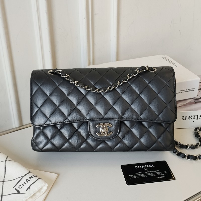 95新 Chanel/香奈儿 Azul-珠光炭灰色牛皮银扣CF中号单肩包/52458