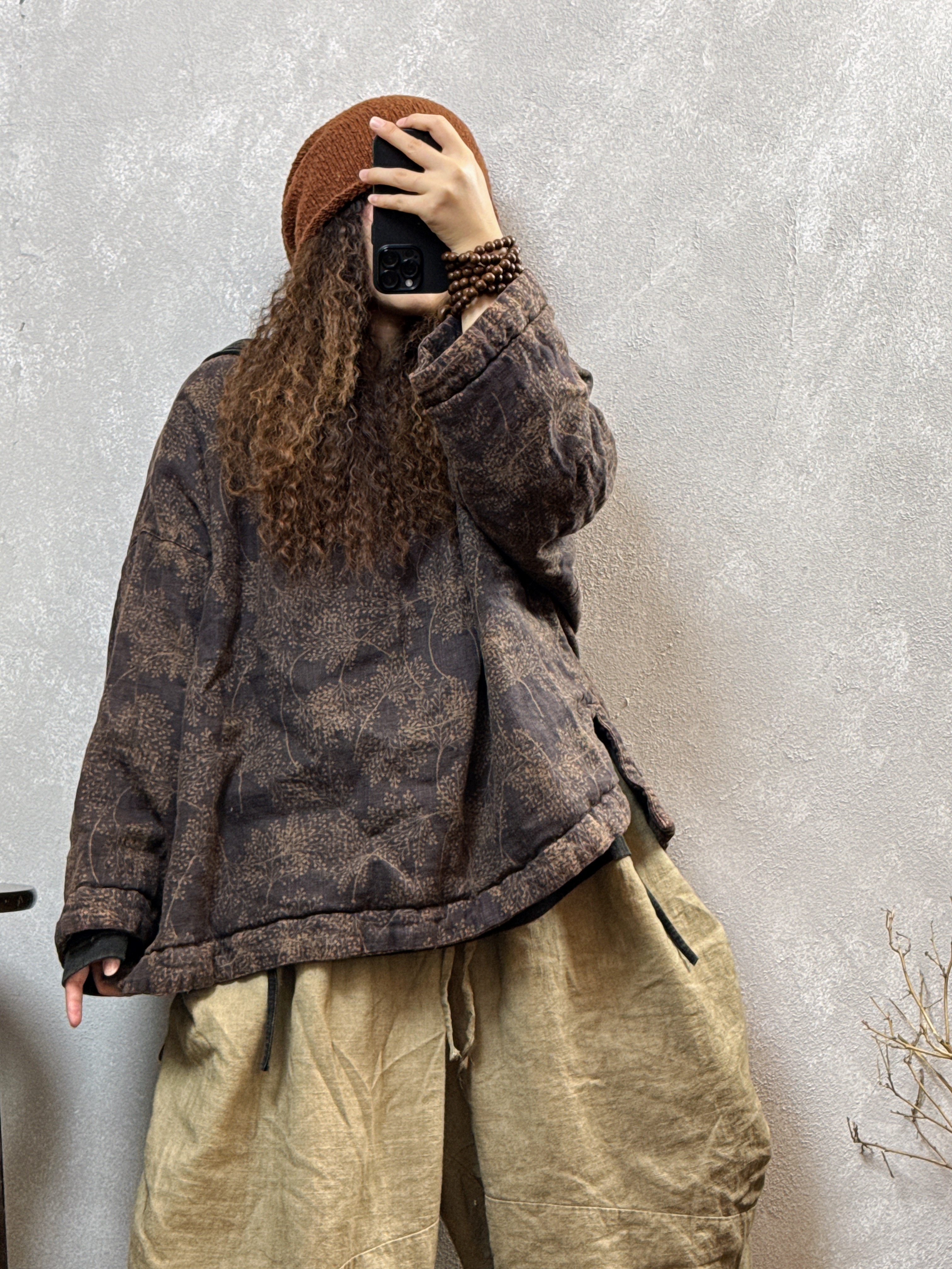 冬季新款高端定制设计款亚麻套头夹棉棉服