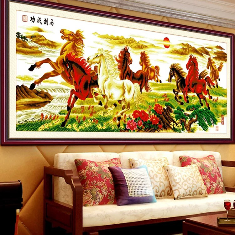 2.4中格纯手工绣好的十字绣刺绣成品经典马到成功客厅装饰挂画