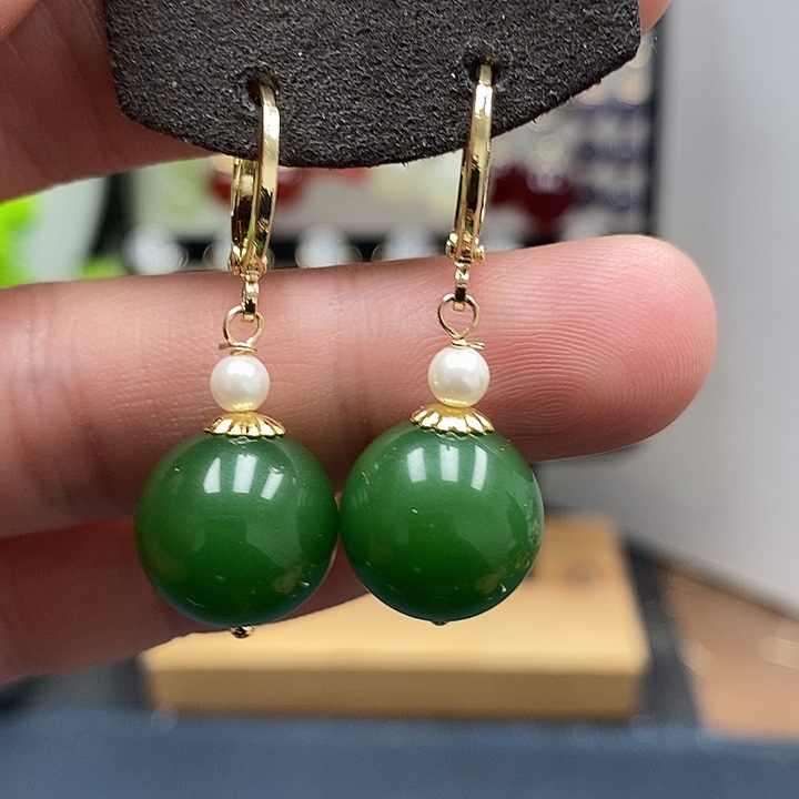 和田玉银S925镀金镶嵌耳饰尺寸14mm